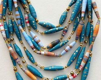 Gold and Blue Multi-Strand Bead Necklace, Colorful Paper Bead Jewelry, Trendy Statement Necklace, Boho Gold Jewelry, Sustainable Jewelry