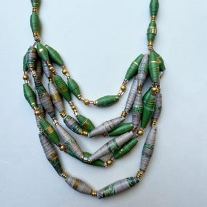 Green and Gold 6-Strand Stacking Necklace, Paper Bead Statement Necklace, Multicolor Handmade Jewelry, Multistrand Necklace, Gifts for Her