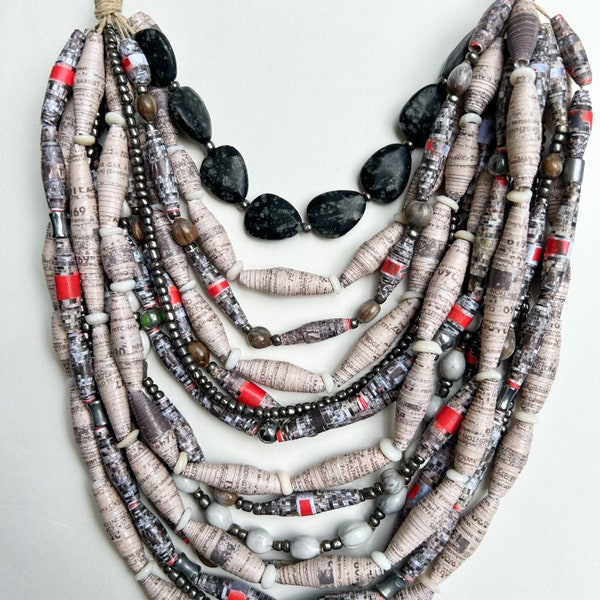 Black and Gray Chunky Layering Bead Necklace, Multicolor Paper Bead Jewelry, Stacking Statement Necklace, Lightweight Necklace, Gift for Her