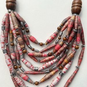 Brown and Silver 9 Strand Statement Necklace, Multicolor Paper Bead Necklace, Trendy Boho Necklace, Eclectic Jewelry, Sustainable Jewelry