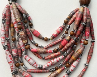 Brown and Silver 9 Strand Statement Necklace, Multicolor Paper Bead Necklace, Trendy Boho Necklace, Eclectic Jewelry, Sustainable Jewelry