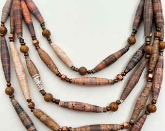 Brown and Bronze 5-Strand Necklace, Long Layering Paper Bead Necklace, Chunky Statement Necklace, Bohemian Bead Jewelry, Recycled Beads