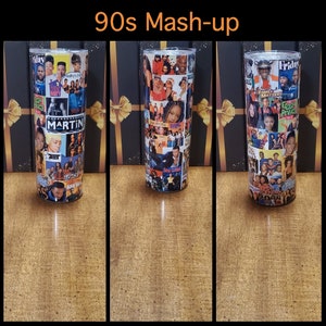 May include: Three stainless steel tumblers with a collage of 90s TV shows and movies. The tumblers feature images from shows like "Martin", "Family Matters", "Moesha", "The Fresh Prince of Bel-Air", and "Sister, Sister".
