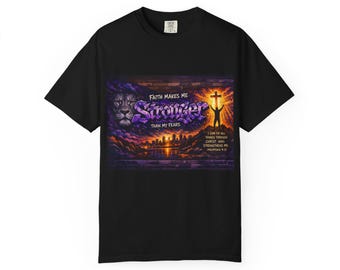 Faith Makes Me Stronger graphic T-shirt | Cross, Lion, Sunset Christian design