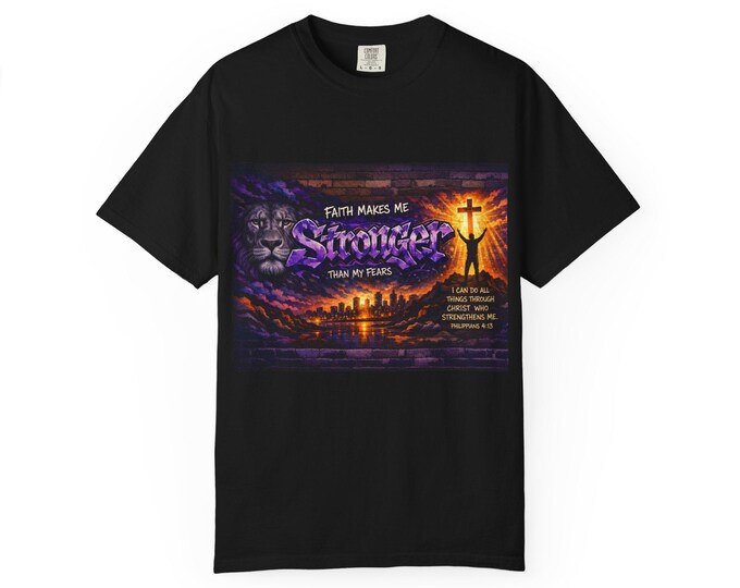 Faith Makes Me Stronger graphic T-shirt | Cross, Lion, Sunset Christian design