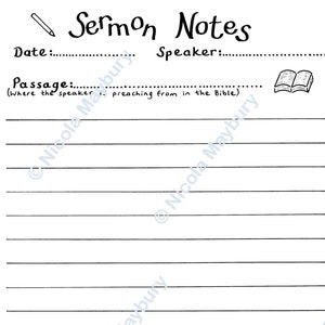 Hoja de notas para sermones de la iglesia: ideal para tomar notas de la iglesia, perfecta para niños, adolescentes o jóvenes, descargable, tamaño A4 y carta.
