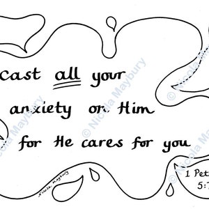 Página para colorir cristã sobre ansiedade - Lance fora toda a sua ansiedade. Ele cuida de você - folha para colorir com versículos bíblicos para baixar - 1 Pedro 5:7 A4 Letter