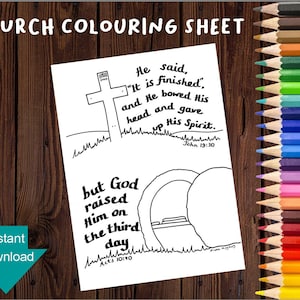 PÁGINA PARA COLOREAR DE PASCUA - Iglesia cristiana - Está consumado - Dios lo resucitó - Hoja para colorear de versículos bíblicos descargable dibujada a mano en formato A4 y carta