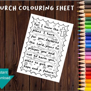 Porque yo sé los planes que tengo para vosotros Página para colorear cristiana - Hoja para colorear de versículos bíblicos descargable - Jeremías 29:11 - Tamaño A4 y Carta
