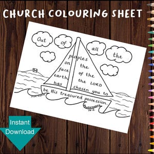 El Señor te ha elegido para ser su posesión preciada. Página para colorear de la iglesia - Hoja descargable con versículos bíblicos - Deuteronomio 14:2 - Tamaño carta