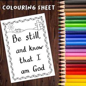 Estad quietos y sabed que yo soy Dios - Hoja para colorear de la iglesia - Versículo bíblico para colorear descargable - Salmo 46:10 - Tamaño A4 y Carta