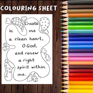 Crea en mí un corazón limpio - Hoja para colorear de la iglesia - Versículo bíblico para descargar - Salmo 51:10 - Tamaño A4 y Carta