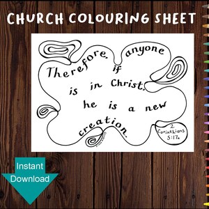 Si alguno está en Cristo es una iglesia de nueva creación - Página para colorear - Hoja descargable con versículos bíblicos - 2 Corintios 5:17 - Tamaño A4 y Carta