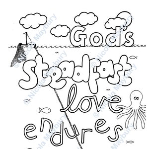 Páginas para colorear de la iglesia - El amor de Dios perdura para siempre - Hoja para colorear con versículos bíblicos - 1 Crónicas 16:35 - Tamaño carta y A4