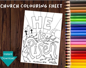 EASTER COLOURING PAGES - He is Risen - hand drawn downloadable Bible verse colouring sheet - Matthew 28:6 - A4 size