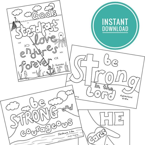 Pack of 4 Strong and Courageous church colouring pages set - ideal Sunday school resources - instant download Bible verses - A4 size