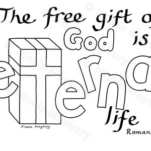 Página para colorear cristiana - El don gratuito de Dios es la vida eterna - Romanos 6:23 - Hoja de iglesia cristiana iglesia niños niños A4 y Carta