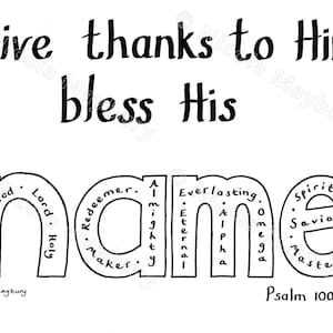 Nombres de Dios - Página para colorear cristiana - Dadle gracias, bendecid su nombre - Salmo 100:4 - Hoja de iglesia cristiana para niños - A4 y Carta