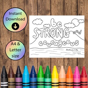 Páginas para colorear cristianas - Sé fuerte y valiente - Hoja para colorear con versículos bíblicos, dibujada a mano y descargable - Josué 1:9 - Tamaño A4 y carta