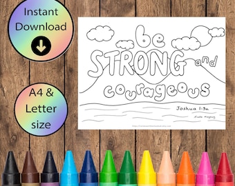 Christian colouring pages - Be strong and courageous - hand drawn downloadable Bible verse colouring sheet - Joshua 1:9 - A4 & Letter size