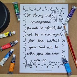 Página para colorir cristã "Seja forte e corajoso" - folha para colorir com versículos bíblicos para baixar - Josué 1:9 - Deus com você - tamanho A4 e Carta