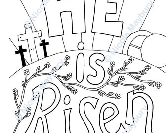 May include: Black and white line art illustration of a cross, a tomb, and the words "He is Risen" with a vine and flowers surrounding the words. The text "Matthew 28:6" is at the bottom of the image.