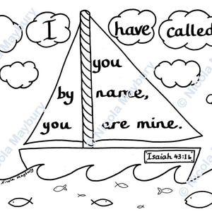 Te he llamado por tu nombre - Página para colorear cristiana - Eres mío - Hoja para colorear con versículos bíblicos descargable - Isaías 43:1b - Tamaño A4 y Carta