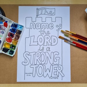 Dibujos cristianos para colorear - El nombre del Señor es una torre fuerte - Hoja para colorear con versículos bíblicos - Proverbios 18:10 - Tamaño carta y A4