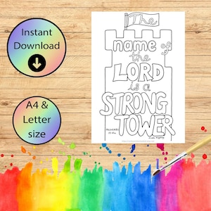 Dibujos cristianos para colorear - El nombre del Señor es una torre fuerte - Hoja para colorear con versículos bíblicos - Proverbios 18:10 - Tamaño carta y A4