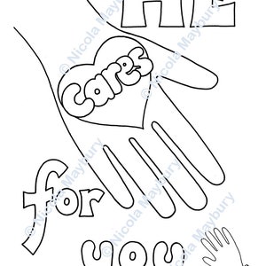 Páginas para colorear cristianas - Él cuida de ti - Hoja para colorear con versículos bíblicos, dibujada a mano y descargable - 1 Pedro 5:7 - Tamaño A4 y Carta