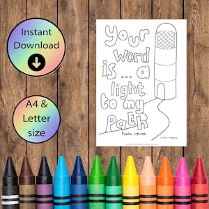 Christian colouring pages - Your word is a light to my path - lighthouse downloadable Bible verse colouring sheet - Psalm 119:105 Letter A4