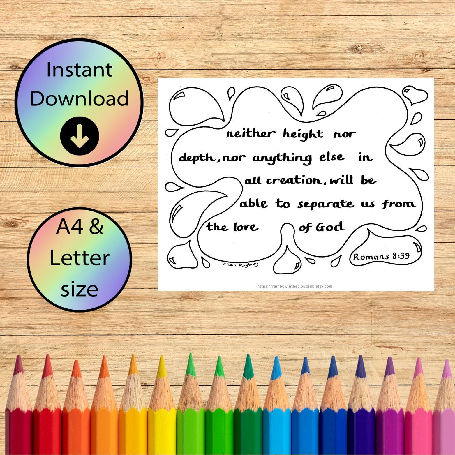 Nothing can separate us from God Christian colouring page - downloadable Bible verse colouring sheet - Romans 8:39 - paint splat - A4 Letter