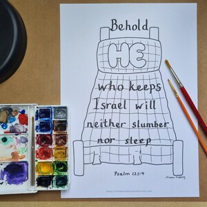 Página para colorear cristiana - He aquí, el que guarda a Israel no se adormece ni duerme - Salmo 121:4 - Hoja de iglesia para niños tamaño carta A4