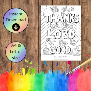 Hoja para colorear cristiana - Oh, dad gracias al Señor porque Él es bueno - Versículo bíblico descargable - 1 Crónicas 16:34 - Tamaño A4 y Carta