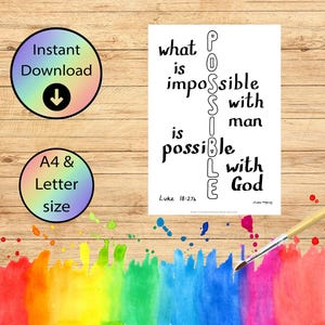 Página para colorear cristiana - Lo que es imposible para el hombre es posible para Dios - Lucas 18:27 - Hoja de iglesia cristiana para niños A4 y Carta
