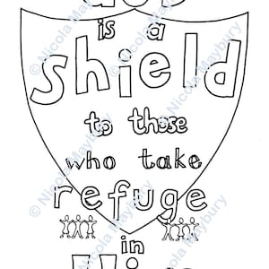 Dibujos cristianos para colorear - Dios es escudo para quienes en Él se refugian - Versículo bíblico descargable - Proverbios 30:5 - Tamaño carta y A4