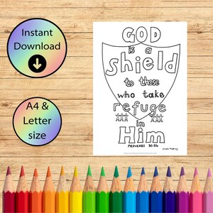 Página para colorear con versículos bíblicos: Dios es un escudo (descarga digital)