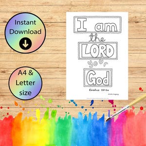 Páginas para colorear cristianas - Yo soy el Señor tu Dios - Hoja para colorear con versículos bíblicos, dibujada a mano y descargable - Éxodo 20:2 - Tamaño A4 y Carta