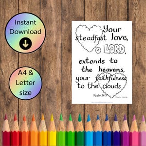 Página para colorear cristiana - Tu amor inquebrantable, oh Señor, se extiende hasta los cielos - Salmo 36:5 - Hoja de iglesia cristiana para niños tamaño A4 y carta