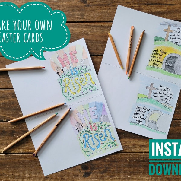 DIY Christian Easter cards - Colour and make your own Christian Easter cards - He is Risen  - It is finished - makes A6 sized cards pack 1