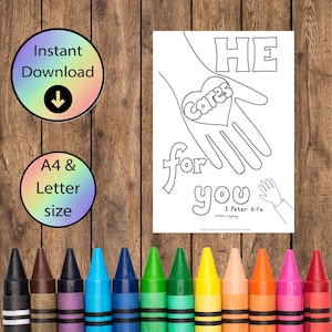He Cares For You Homeschool Coloring Page - Bible Verse Art (PDF & JPEG)