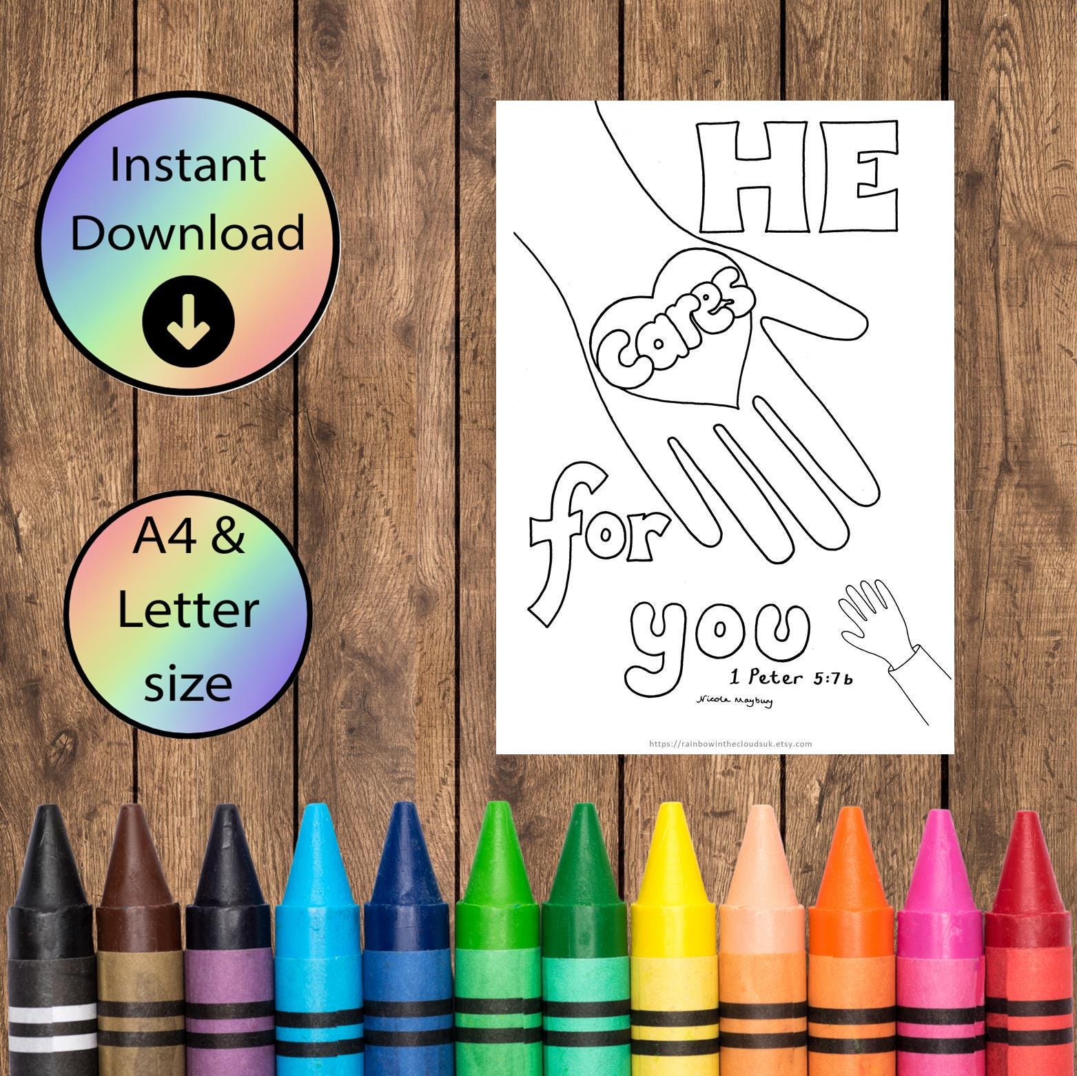 Christian colouring pages - He cares for you - hand drawn downloadable Bible verse colouring sheet - 1 Peter 5:7 - A4 and Letter size