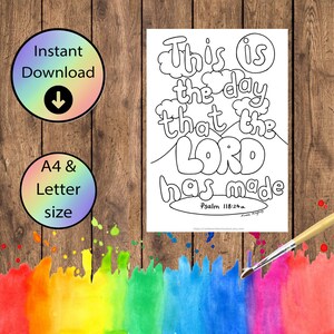 Páginas para colorear de la iglesia - Este es el día que hizo el Señor - Hoja para colorear con versículos bíblicos descargable - Salmo 118:24 - Tamaño carta y A4