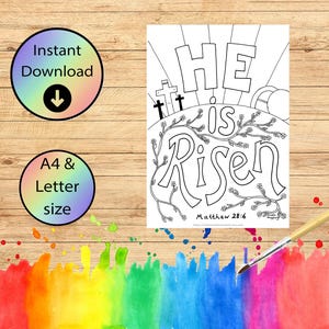 PÁGINAS PARA COLOREAR DE PASCUA - Él ha resucitado - Hoja para colorear de Jesús con versículo bíblico descargable, dibujada a mano - Mateo 28:6 - Tamaño A4 y Carta