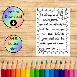 Página para colorear cristiana "Sé fuerte y valiente" - Hoja para colorear con versículos bíblicos descargable - Josué 1:9 - Dios contigo - Tamaño A4 y carta