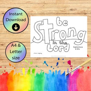 Páginas para colorear cristianas - Fortalécete en el Señor - Hoja para colorear con versículos bíblicos, dibujada a mano y descargable - Efesios 6:10 - Tamaño carta y A4