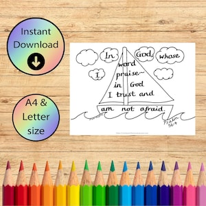 Página para colorear cristiana "Sin miedo" - En Dios, cuya palabra alabo - Hoja para colorear con versículos bíblicos descargable - Salmo 56:4 - Tamaño A4 y carta
