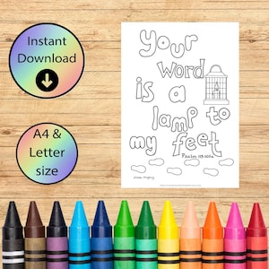 Páginas para colorear cristianas - Tu palabra es una lámpara a mis pies - Hoja para colorear con versículos bíblicos, dibujada a mano y descargable - Salmo 119:105 (Carta y A4)