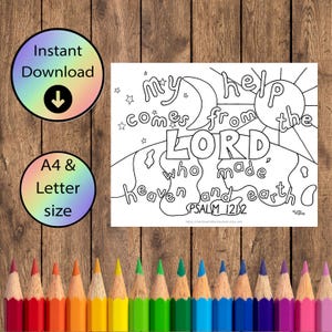 Página para colorear de la iglesia - Mi ayuda viene del Señor - Salmo 121 - Descarga instantánea - Iglesia bíblica - PDF tamaño carta y A4