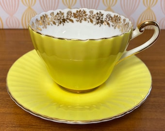 Paragon Tea Cup and Saucer, Bright Yellow Teacup and Saucer with Gold Accents, English Fine Bone China circa 1960s